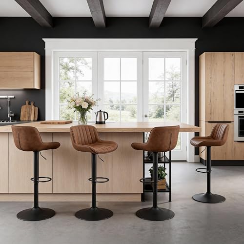 Fat Ant Set de 4 Butacos de Bar, Asiento Ajustable de Cuero PU, Giratorio, Altura para Barra, Sillas Modernas sin Brazos para Isla de Cocina, Amarillo Marrón miniatura 1