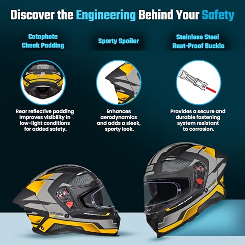 Image of STUDDS Helios Asphalt Full Face ISI and DOT Certified Helmet with Dual Visor MATT Black & Yellow - M