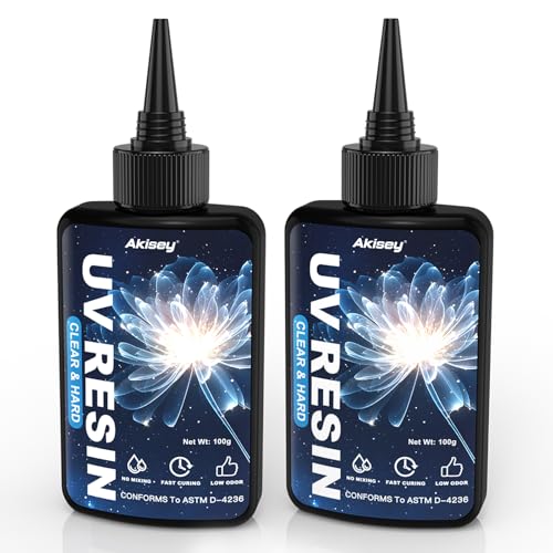 Akisey UV Resin 200g, Crystal Clear UV Resin Glue - No-Yellowing, Hard Type, Low Viscosity & Low Shrinkage, Ultraviolet Curing UV Epoxy Resin for Jewelry Making, DIY Crafts, Casting