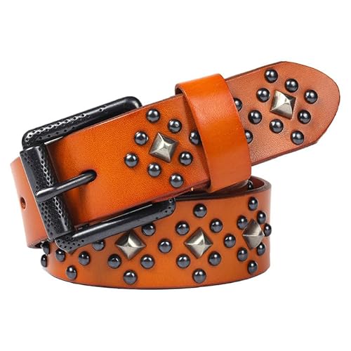 Jiary Men's Orange Vintage Studded Leather Belt For Wo, Roller Buckle Punk Belt, Western Belts For For Jeans Pants Dresses Jacket,,120Cm/47.3''