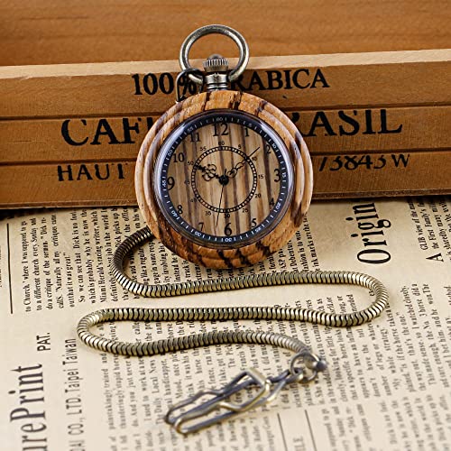 Tiong Dad Gifts For Fathers Day Handmade Bamboo Wooden Pocket Watches For Men With Chain Analog Quartz Gifts For Fathers Day,Birthdays(Brown) #TOP3