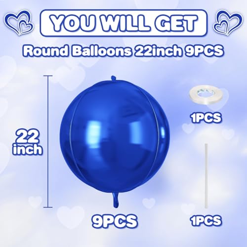 Image of 9 Pcs Royal Blue Round Foil Balloons,22 Inch Metallic Blue Round Balloons | Royal Blue Giant 4D Round Ball Balloons For Boys Men Birthday Graduation Wedding Baby Shower Party Decorations