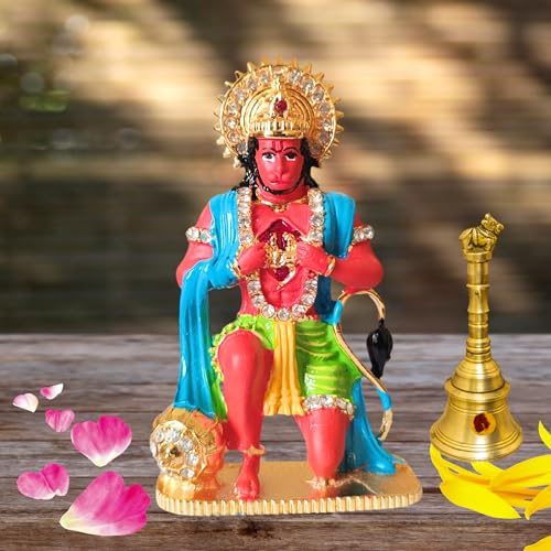 Image of Unique Hanumanji Murti | 8cm Height Metal Bajrangbali Statue with Heart Open Pose | Hanuman Idol for Home Mandir, Car Dashboard, Office & Gifting (Orange)(Pack of 01)