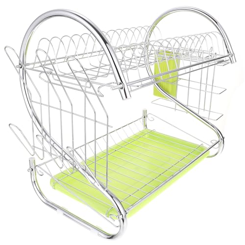 HIAKDOFT 二段式食器水切りラック グリーン 省スペース設計 簡単操作の食器収納スタンド 衛生的な水切りと乾燥になディッシュオーガナイザ