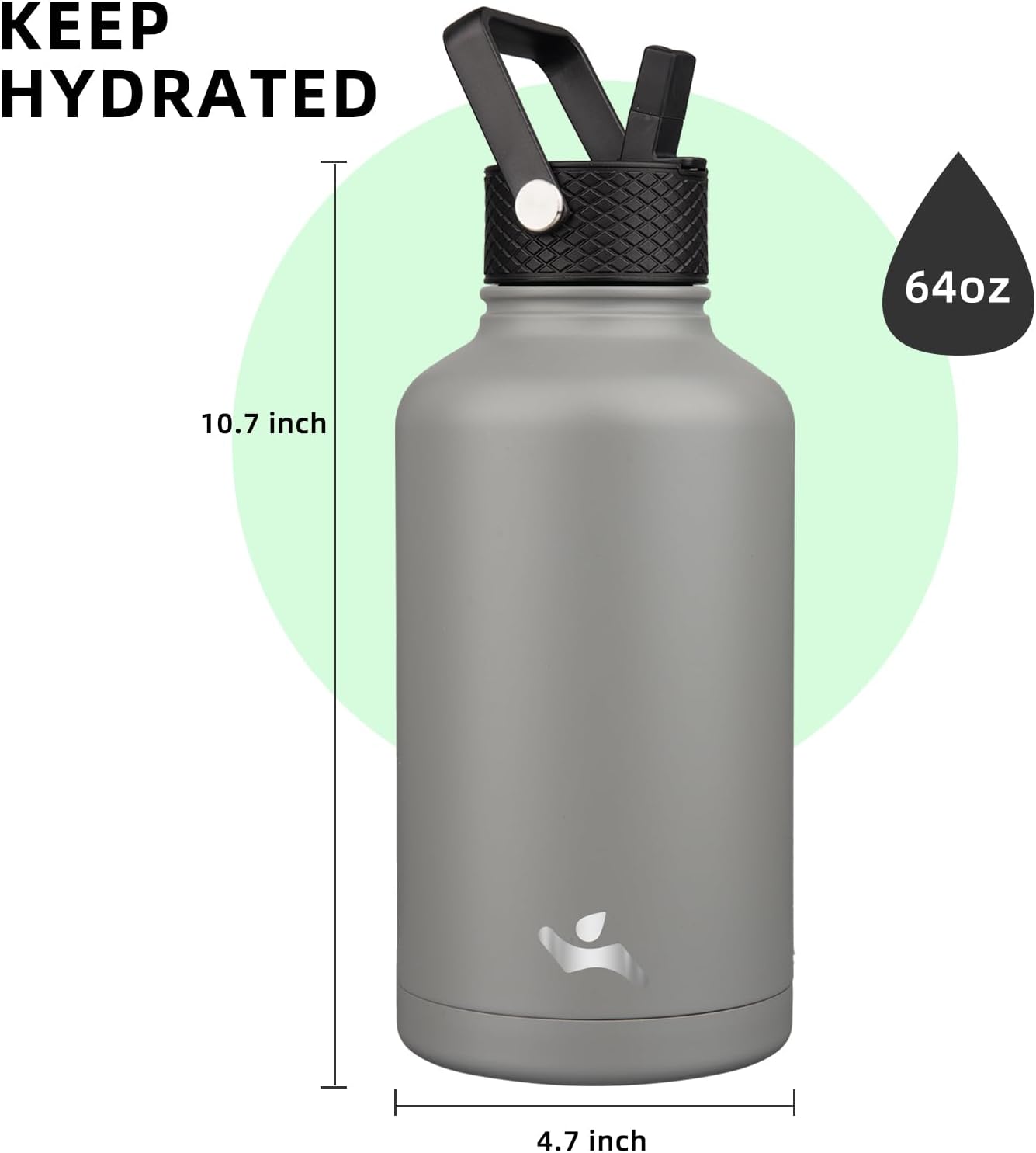 Half Gallon Insulated Water Bottle with Straw,64 oz 3 Lids Water Jug with Carrying Bag,Paracord Handle,Double Wall Vacuum Stainless Steel Metal Flask,Gray - Image 3
