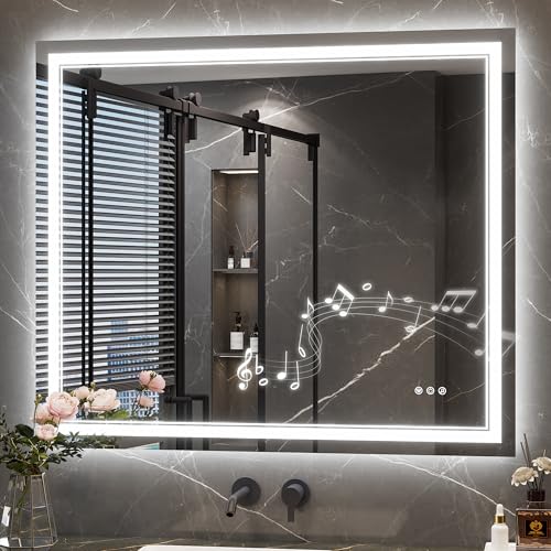 Keonjinn 42 x 36 Inch Lighted Mirrors for Bathroom Wall with Bluetooth Speaker, Frontlit & Backlit LED Bathroom Mirror, Bluetooth Mirror Bathrooms, Tempered Glass, Defogging, 3 Color Lights, Dimmable