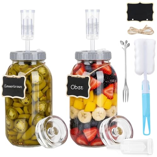 agctrler 2 Stück Fermentierglas 2L mit 2 Fermentiergewichte Ø 7 cm, 1 Edelstahl Gabel, 1 Bürste, Kimchi Behälter mit Gärventil und Gewicht für Kimchi, Sauerkraut, Pickles & Sauerteigstarter