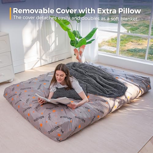 Image of MAXYOYO Giant Bean Bag Chair Bed with Pillow, Convertible Beanbag Sofa to Floor Bed, Lazy Chair Couch with Removable Cover, High-Density Shredded Foam Filling, Cozy Lounge for Bedroom Living Room