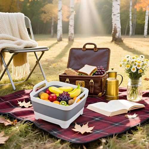 Image of Foldable Dish Basin with Drain Plug, 9L 2.4 Gallon Compact Portable Wash Tub Dishpan Space-Saving Sink Tray for Kitchen Storage Grey