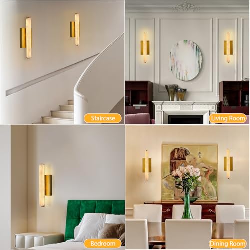 Image of 15in Alabaster Wall Sconces Brass Alabaster Sconce Spanish Marble Bathroom Vanity Sconces Modern Wall Light for Living Room Bedroom Staircases Indoor Gold