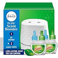 Febreze Plug Scent Booster Starter Kit, Oil Diffuser, Air Freshener Plug in, Continuous Scent Device + 2 Gain Original Refills