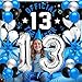 PHXEY 13th Birthday Decoration Set for Boys Girls, Official Teenager 13 Birthday Party Banner Backdrop, Large 13 Foil Balloons, Explosion Star Balloons, 13th Birthday Photo Props Decor, Blue Silver