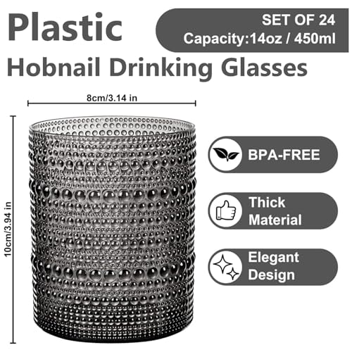 YOUBET 24PCS Plastic Drinking Glasses - 14OZ Black Hobnail Drinkware Glasses - Vintage Glassware Textured Beaded Cups for Water, Beer, Whiskey, Juice and Various Mixed Drinks for Party Graduation by YOUBET - Image 2