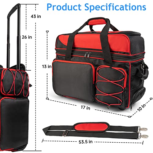 Double Roller Bowling Bag With Shoes Compartment, Large Capacity Bowling Ball Bag With Multi-Pockets For 2 Bowling Ball And Accessories, 2 Ball Bowling Bag With Wheels & Retractable Handle (Red) #TOP4