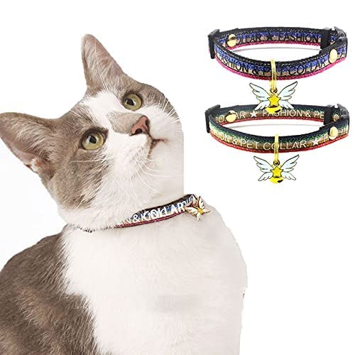 猫首輪 2個セット猫用 首輪 子犬 迷子札付き 鈴付き 調整可能 可愛い 軽量 ペット首輪 セーフティバックル付 (XS, ゴールド+ブルー)