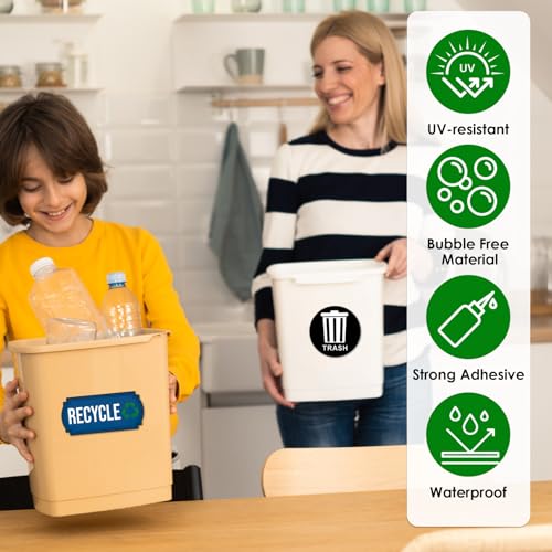 Image of Trash and Recycle Stickers 5 Pcs for Bins, Recycling Stickers for Trash Can UV Stable and Weatherproof, Bin Labels for Kitchen Office Garage Waste Basket Indoor Outdoor Use