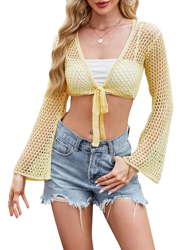 Women Tie Front Crochet Shrug Cardigan Hollow Out...