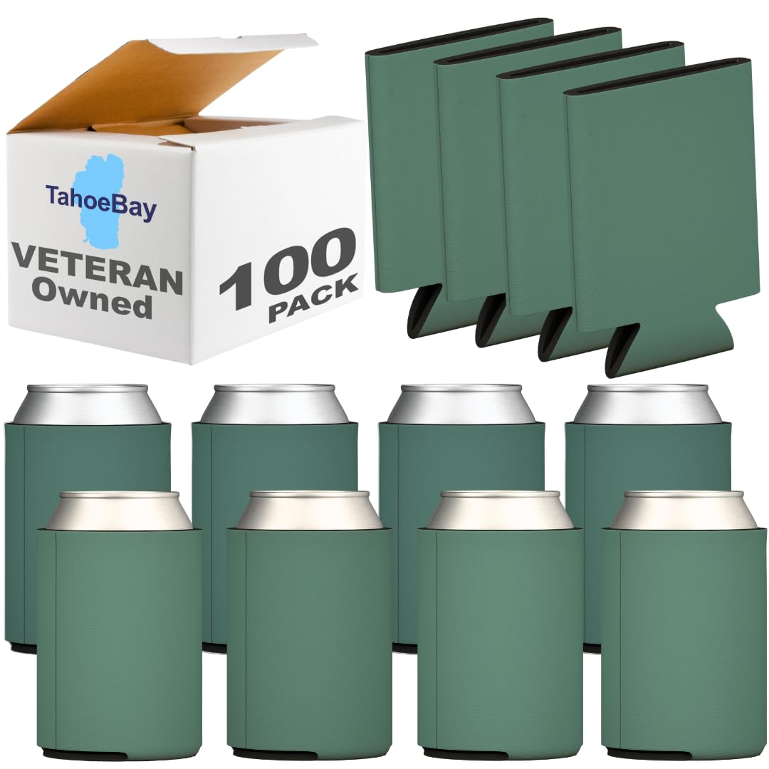 TahoeBay Bulk Can Coolers (100-Pack) Blank Foam Beer Sleeves - Insulated Regular Size Cold Soda Drink Holder Pack - Sublimation Beverage Sleeve Insulators Set for Standard 12oz Cans (Forest Green)
