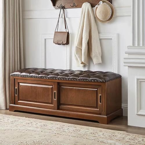 XDOPIRRS Banco Almacenaje Dormitorio de Madera Maciza con Puerta Corredera, Baúl Pie de Cama de Cuero Acolchado para Entrada, Banqueta Zapatero Retro con Asiento de Esponja(Light Walnut,130cm/51.1in)