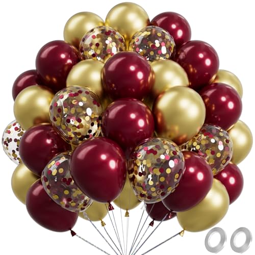 Image of Metallic Burgundy and Gold Balloons 12 Inch 67PCS Gold Maroon Shiny Confetti Balloons Latex Helium Balloon Set for Graduation Wedding Birthday Party Decorations