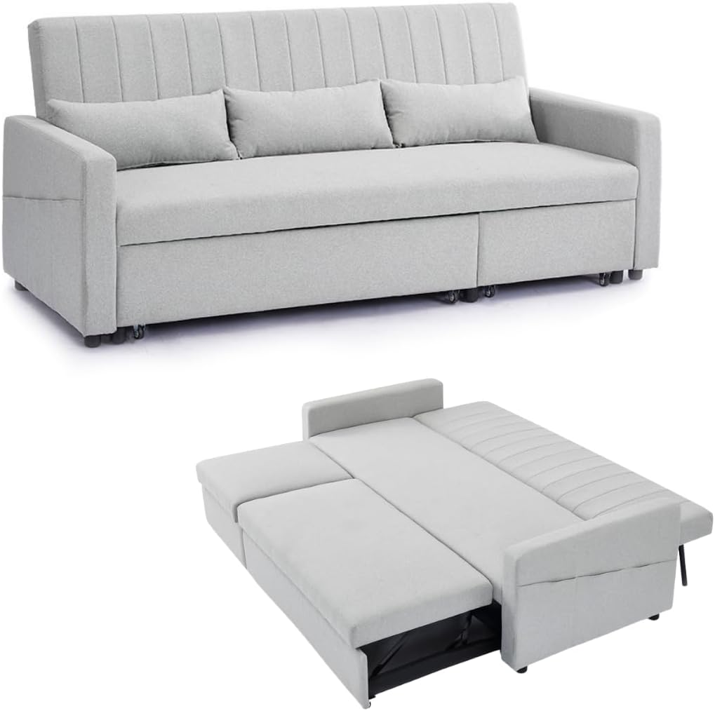 Home Detail 3 Seater Sofa Bed Pull-Out Grey Blue Velvet Grey Linen Storage Chaise (Grey Linen)