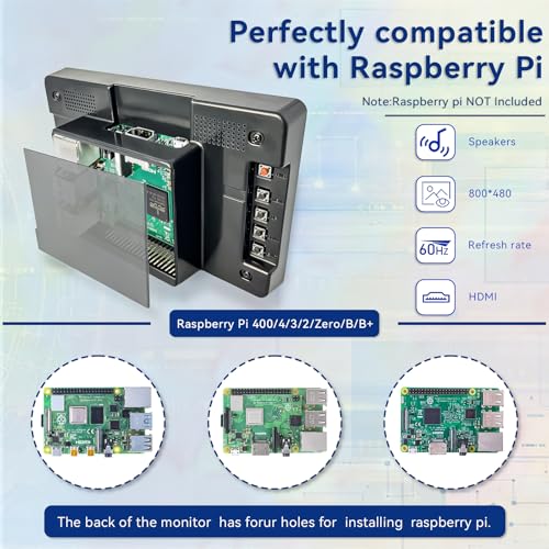 Image of HAMTYSAN 7'' Small HDMI Monitor 800x480 Raspberry Pi Screen with Case Second /Extend Screen for Raspberry Pi 5 /4 /3 Win11 /10 /8 /7, Plug & Play, Dual Speakers, Non-Touch