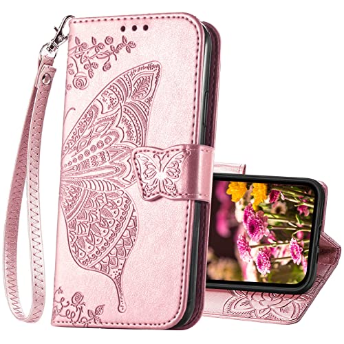 Krhgeik IPHONE 13 PRO Case Wallet For Women,Flip Folio Cover With Butterfly Embossed Pu Leather Credit Card Holder Slots Magnetic Wrist Strap Phone Case cover
