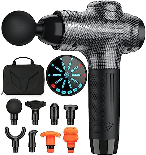 RAEMAO Massage Gun Deep Tissue, Back Massage Gun for Athletes for Pain Relief attaching 8 PCS Specialized Replacement Heads, Percussion Massager with 10 Speeds & LED Screen, Carbon