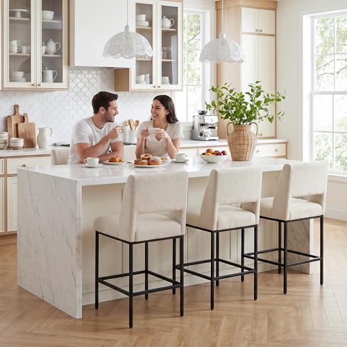 Image of Zesthouse Upholstered Counter Height Stools Set of 2, Linen Fabric Bar Stools with Backs, 26 inch Modern Counter Height Chairs for Kitchen Island, Luxury Metal Barstools with Extra Thick Cushion, Beige