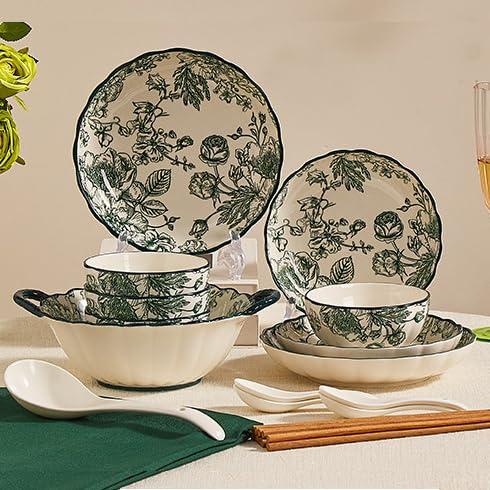 French Rose Series Dinnerware Sets, 14 Piece Porcelain Dinnerware Set, Plates And Bowls Sets Service For 4, Household Double-Eared Bowl Ceramic Tableware Set Gift Box, Dishwasher & Microwave Safe