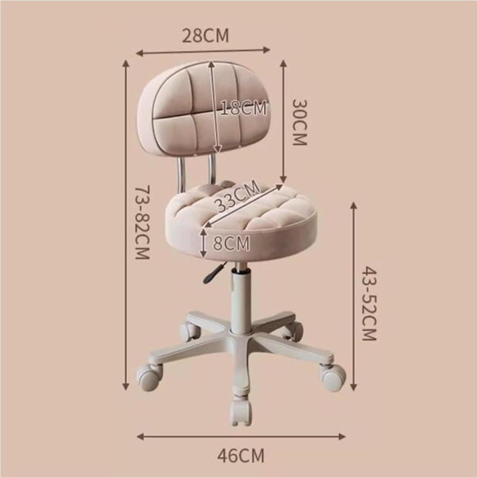 Taburete rodante con Respaldo y Ruedas, Silla de tocador giratoria hidráulica de Cuero PU, Altura Ajustable(Beige)