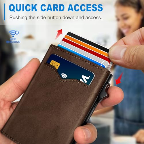 Image of miyozi Wallet for Men,with Cash Pocket 2 ID Window 9-13 Cards,Metal Case Smart Slim Pop Up Credit Card Holder Flip with Magnetic Closure RFID Blocking Trifold wallet with Gift Box