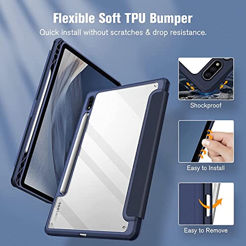 Image of SwooK Hybrid Case for Samsung Galaxy Tab S8 / S7 11 inch SM X700 X706 T870 T875 T878 with S Pen Holder Shockproof Clear Back Shell Auto Wake /Sleep Flip Cover Case (Navy Blue)