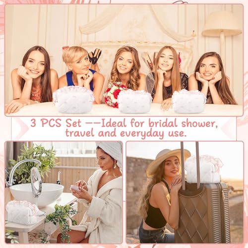 Kacctyen 3 Pcs Coquette Pink Bow Quilted Makeup Bag Set Cute Aesthetic Ruffles Cosmetics Bag Preppy Travel Makeup Pouch for Women Girl Toiletry Pencil Pouch Large Small Size4