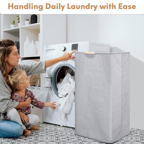 Zivacate 100L cesta de ropa, lavadero con mango de madera, cesta de lavandería plegable, gran colector de lavandería gris, lavadoras para dormitorio, baño dormitorio 74x41x33cm - imagen 7