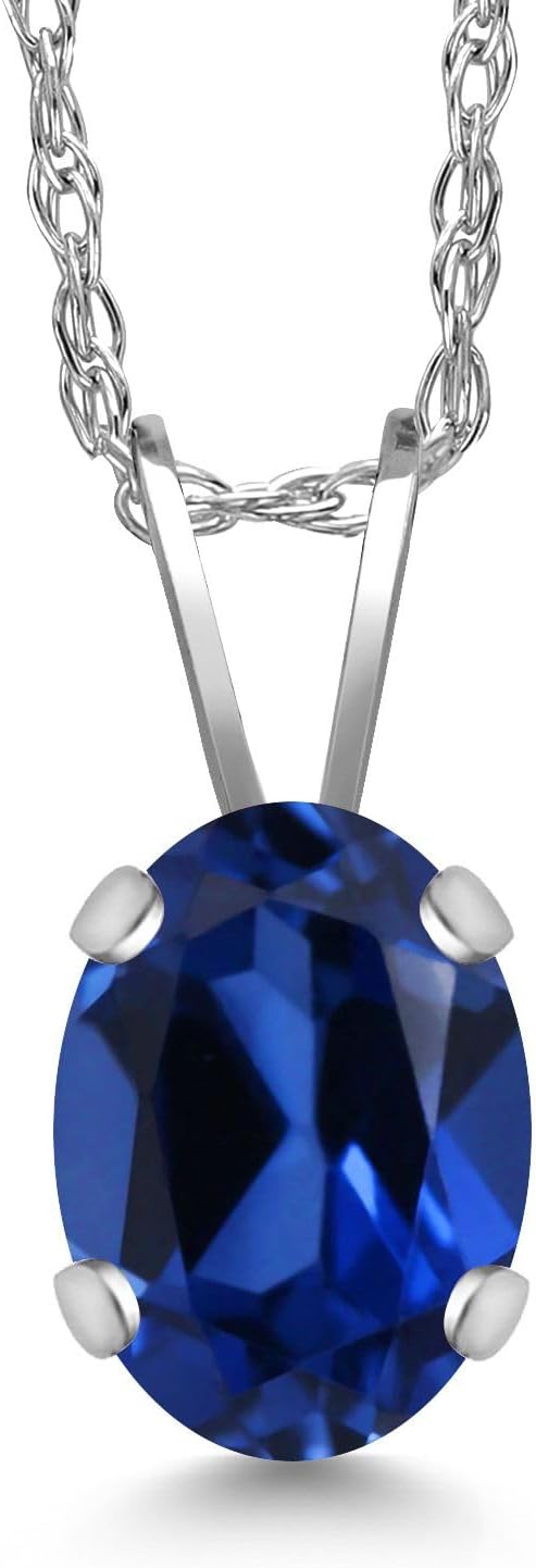 Gem Stone King 1.00 Ct Oval Blue Created Sapphire 14K White Gold Pendant with Chain