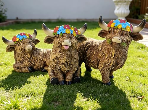 LEGIFO Highland Cow Figurine Set of 3 Funny Art Sculpture for Garden Backyard Patio Lawn Decorations Outdoor Decor Statue Gift for Women Mom Grandma Christmas Birthday