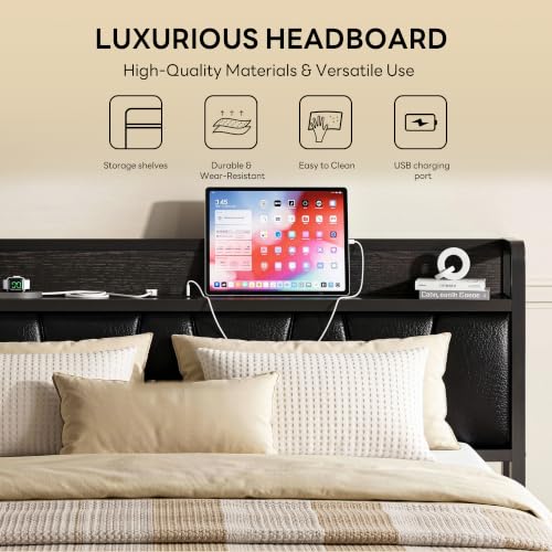 Image of LIKIMIO Full Size Bed Frame, PU Leather Storage Headboard with Charging Station, Solid and Stable, Noise Free, No Box Spring Needed, Easy Assembly, Black