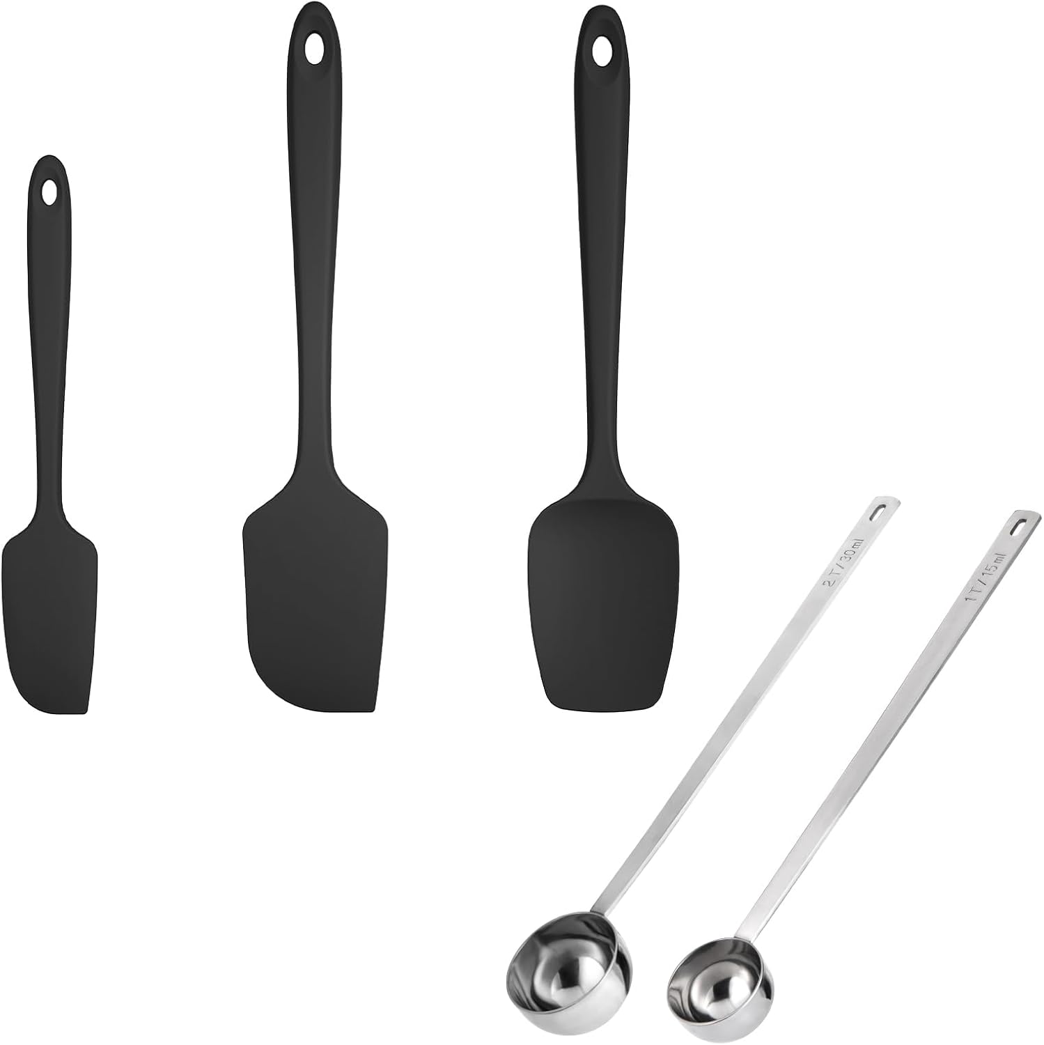 U-Taste 600ºF Heat Resistant BPA Free Silicone Spatula Set of 3 (Black), and 18/8 Stainless Steel 10in Extra Long Coffee Scoop Set of 2, 1&2Tbsp(15&30ml)