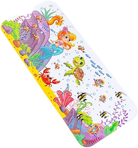 Bathsafe Mermaid Princess Extra Long Bathtub Mat Non-Slip Suction Cups Shower Mat Durable Bath Mat for Kids Toddler Baby with Drain Holes Suction Cups,100x40CM