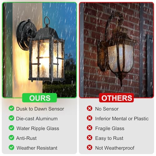 OKELI Dusk to Dawn Outdoor Wall Lights, Exterior Waterproof Lantern, Front Porch Sconce Lighting with Water Ripple Glass Shade, Anti-Rust Wall Lamps Outside Lights for Garage (Black-SIZE-S-2pack) by OKELI - Image 6