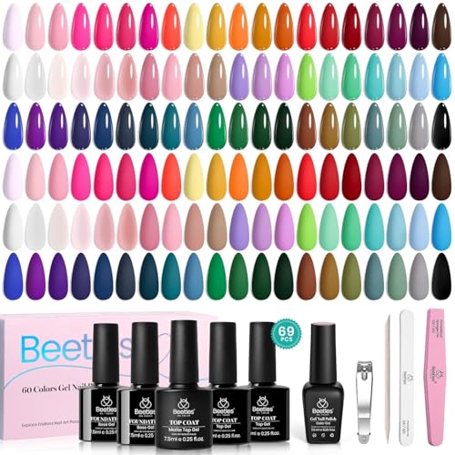 Beetles Gel Polish Beetles Gel Nail Polish 69Pcs Gel Nail Polish Set- 60 Colors Gel Polish Kit Base Coat Glossy & Matte Top Coat Soak Off Emotional Spectrum Collection Red Black Nude White All Seasons Gifts For Women cover