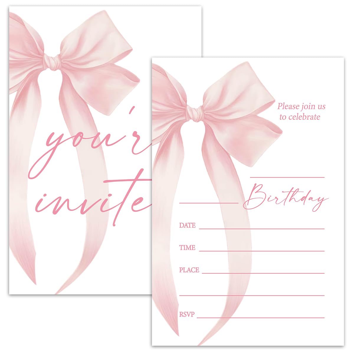Nopoben Pink Bow Birthday Invitation Cards For Girls Adult Teens, Birthday Party Supplies Favors, 20 Fill-In Invitation Cards with Envelopes -24