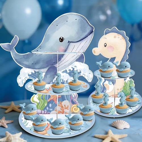 GRULLIN Under the Sea Party Decorations - 2PCS Ocean Animals Theme Cupcake Stands, Blue Whale Seahorse Dessert Holder for Birthday Baby Shower Supplies