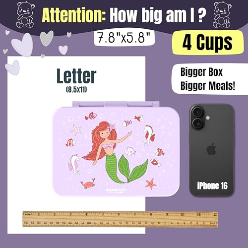 Image of BEARFOOT Kids Lunch Box with Compartments - Compact & Lightweight | Leak-Proof, BPA-Free, Dishwasher Safe | Hand-Drawn Design for Preschool, School, Travel (Mermaid Purple, 4 Cups)