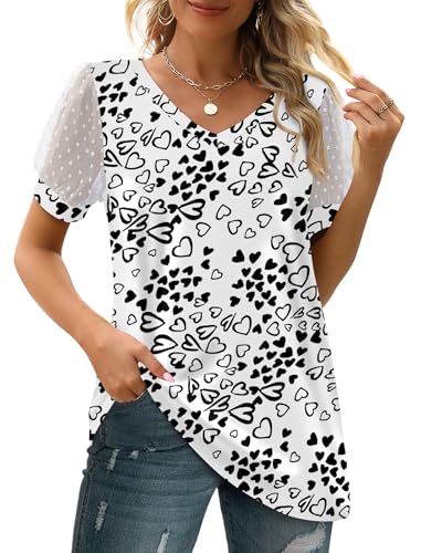 Image of Aokosor Womens Summer Tops V Neck T Shirts Swiss Dot Puff Sleeve Tops Loose Casual Tshirts