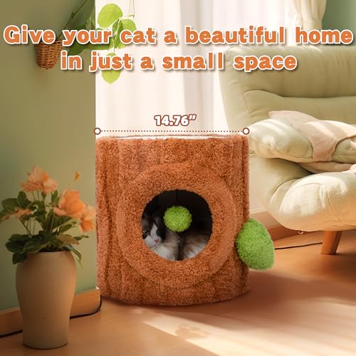 Image of Cat House for Indoors Cats, Luxury Cat House Bed with Scratch Table & Soft Cushion, Cat Condo with Hanging Ball Toy for Small Medium Pets, Brown