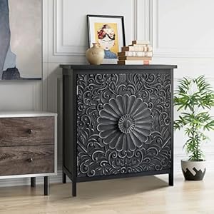 Sophia William 2 Door Accent Cabinet Distressed Storage Cabinet with 2 Carved Doors and Wooden Frame for Entryway Living Room Black