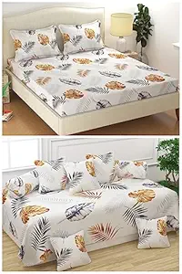 MANIQATEX Polycotton Bedsheet Combo Set - Double Bedsheet with 2 Pillow Covers and 1 Diwan Set with 1 Single Bedsheet, 2 Bolster Covers and 5 Cushion Covers (Multicolour, XL)