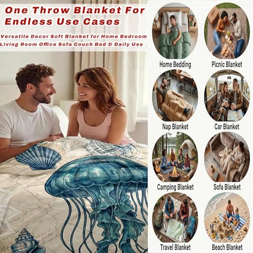 Jellyfish Blanket Gifts for Women Girls Kids Adults, Nautical Ocean Seashell Starfish Soft Cozy Flannel Decor Multi-Use Blankets for Couch Sofa Office Travel Nap Birthday 50"x60" — view 5